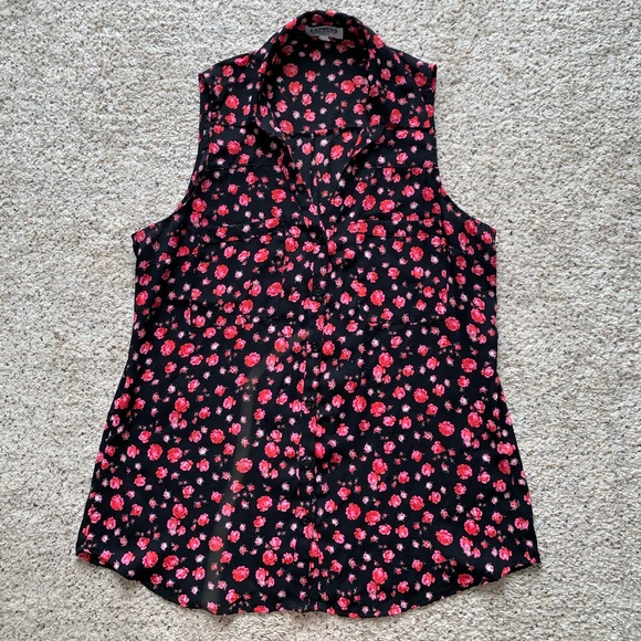 EXPRESS WOMENS SIZE MEDIUM BLACK PINK FLORAL BUTTON DOWN TANK TOP - Picture 2 of 9